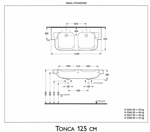 weiss Möbel Doppel-Waschbecken 125 x 56 cm Ideal Standard TONCA K036500 B-Ware
