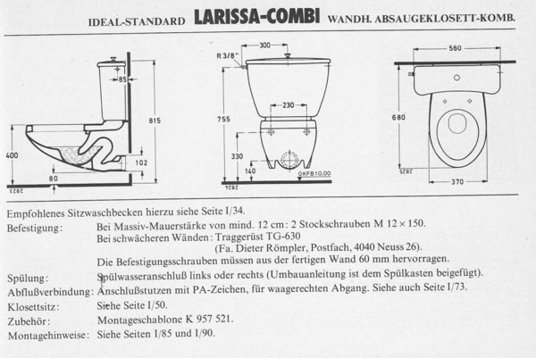 azur blau Wand-Tiefspül-WC Kombination Ideal Standard LARISSA azurblau ohne Spülkasten